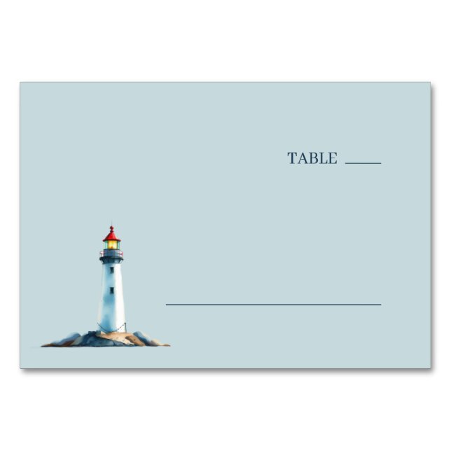Serene Light Blue Watercolor Lighthouse Table Number (Front)