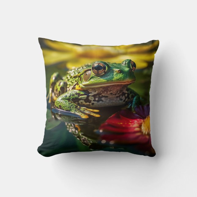 Serene Lily Pad Frog - Vibrant Nature Cushion (Front)