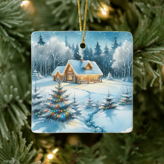 Serene Log Cabin in a Winter Forest Ceramic Ornament (Tree)