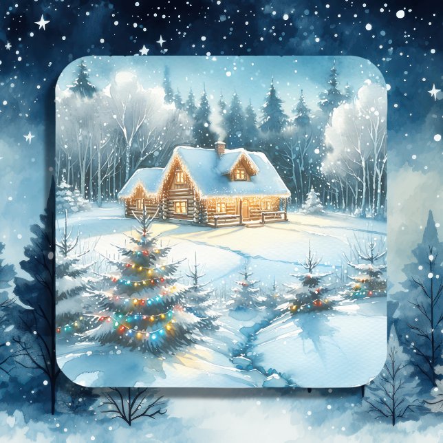 Serene Log Cabin in a Winter Forest Square Sticker (Creator Uploaded)