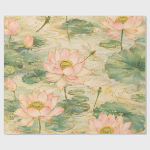Serene Lotus Flowers & Dragonflies Japanese Botani Wrapping Paper
