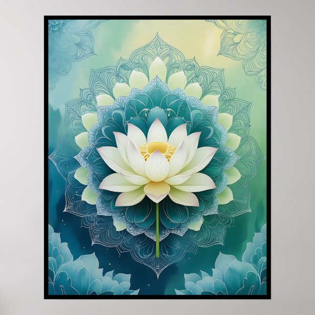 Serene Lotus Mandala: Blue & Green Meditation Art  Poster (Front)