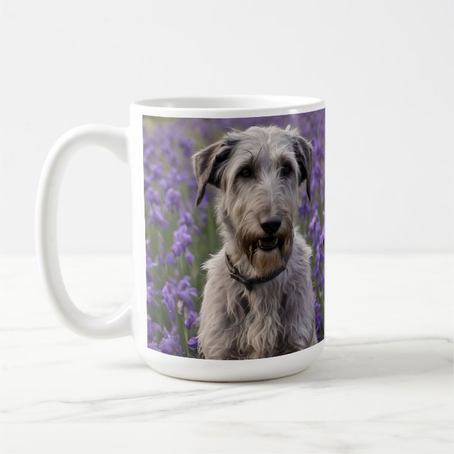 Serene Majesty: Wolfhound Sitting in a Purple Iris Coffee Mug (Left)