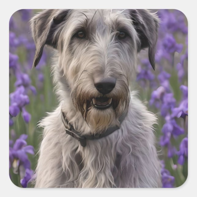 Serene Majesty: Wolfhound Sitting in a Purple Iris Square Sticker (Front)