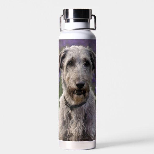 Serene Majesty: Wolfhound Sitting in a Purple Iris Water Bottle (Back)