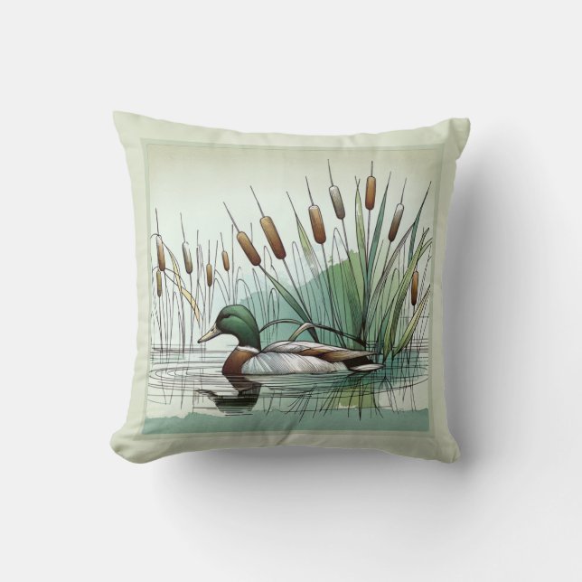 Serene Marshland Mallard Duck Amidst the Reeds Cushion (Front)