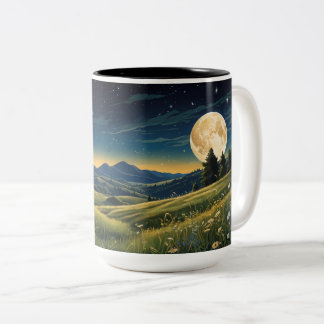 Serene Meadow Under Starry Sky  Moonlit Wild flowe Two-Tone Coffee Mug