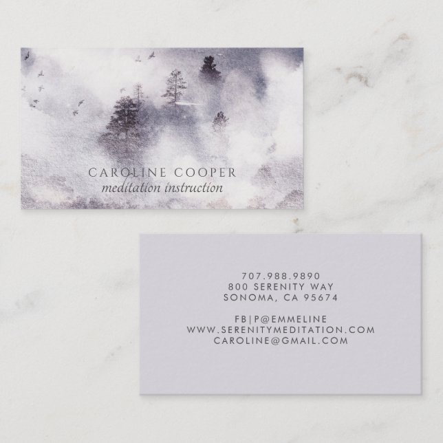 Serene Meditation Instructor Mist Trees Watercolor Business Card (Front/Back)