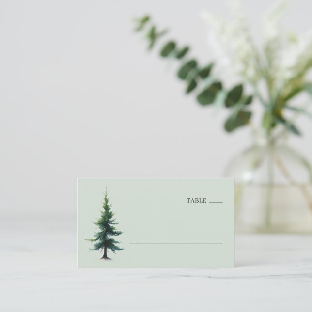Serene Mint Watercolor Evergreen Tree Place Card (Standing Front)