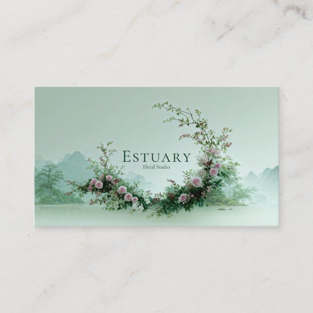 Serene Misty Lake Pale Pink Rose Floral Crescent Business Card (Front)
