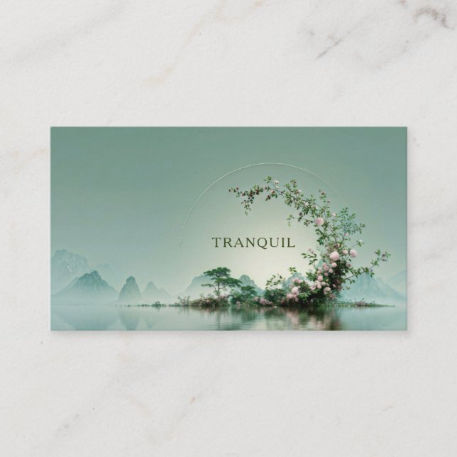 Serene Misty Lake Pink Floral Arch Mountain Zen Business Card (Front)