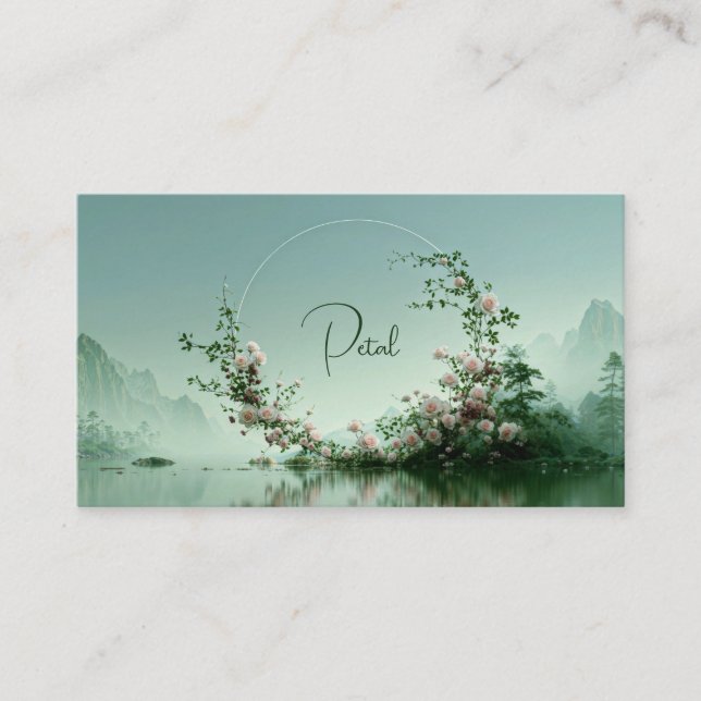 Serene Misty Lake Pink Rose Floral Arch Mountain Business Card (Front)