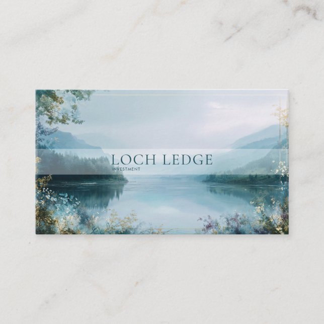 Serene Misty Lake Teal and Gold Landscape Business Card (Front)