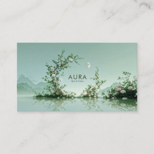 Serene Misty Lake White Rose Vine Crescent Moon Business Card