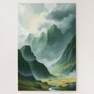 Serene Misty Mountains Emerald Valley Jigsaw Puzzle