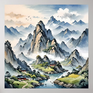 Serene Misty Mountains, Tranquil Landscape Poster