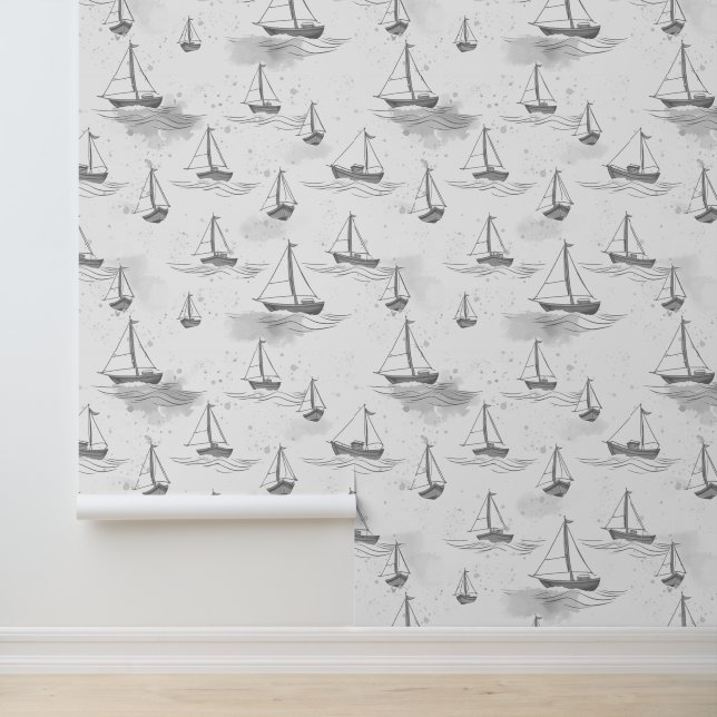 Serene Monochromatic Sailing Boats Pattern Wallpaper (Application)