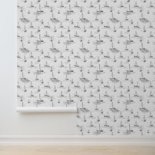 Serene Monochromatic Sailing Boats Pattern Wallpaper