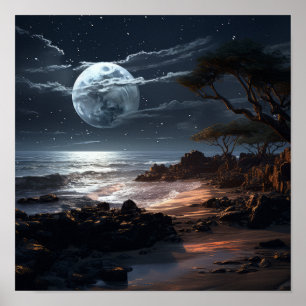 Serene Moon at Night Poster Tranquil Nature Wall