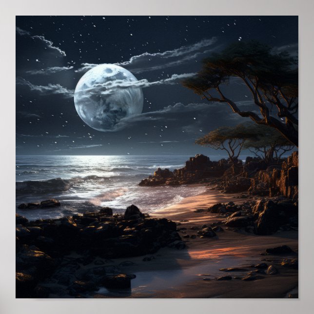 Serene Moon at Night Poster | Tranquil Nature Wall (Front)