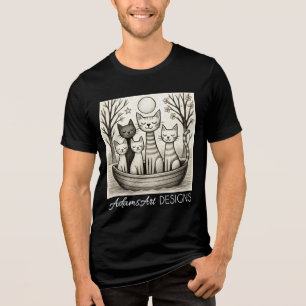 Serene Moonlit Cat Family Illustration Tri-Blend Shirt