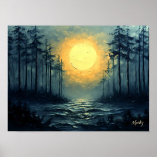 Serene Moonlit Forest Pathway with Full Moon Poster