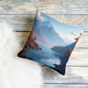 Serene Mountain Lake & Autumn Trees Landscape Cushion