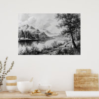 Serene Mountain Lake Black & White Art