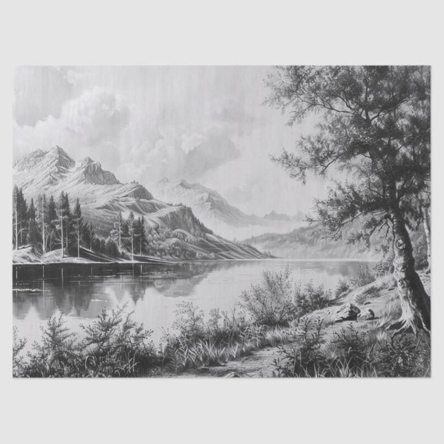 Serene Mountain Lake Black & White Decoupage Tissue Paper (Front)