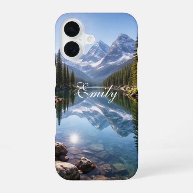 Serene Mountain Lake Landscape Personalized Name  iPhone 16 Case (Back)