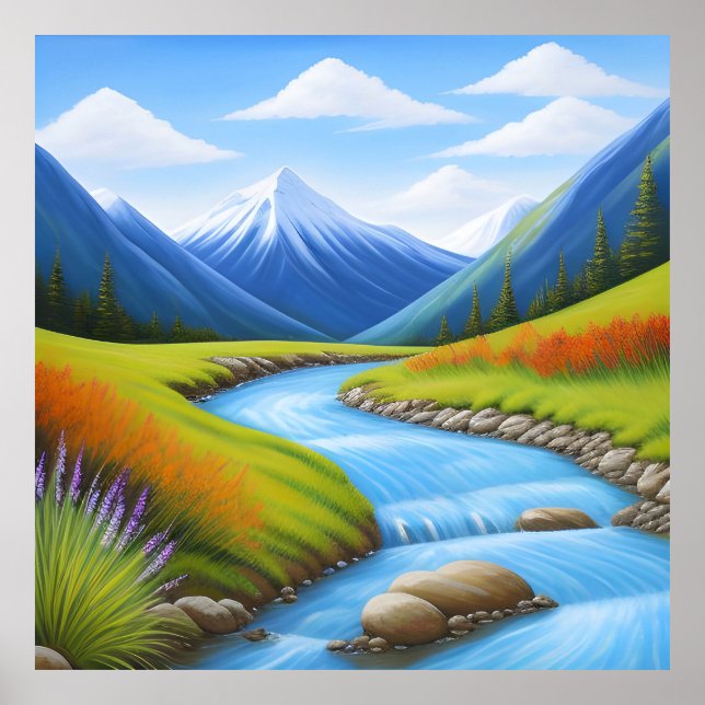 Serene Mountain Landscape with Cascading Stream Poster (Front)
