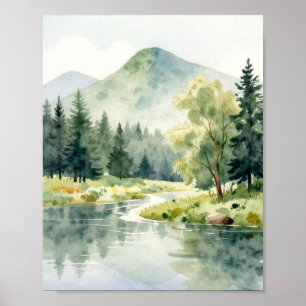 Serene Mountain Reflection: A Soft Watercolor Land Poster