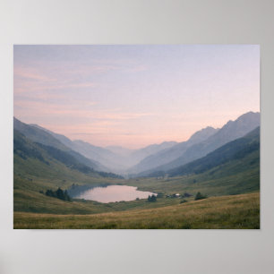 Serene Mountain Valley Lake at Pastel Sunset Poster