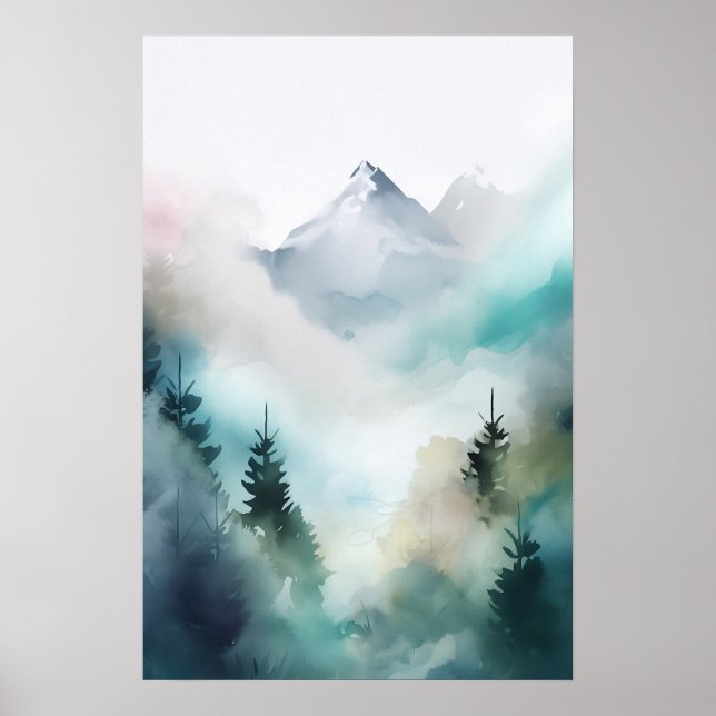 Serene Mountain Watercolor Abstract Art Download  Poster (Front)