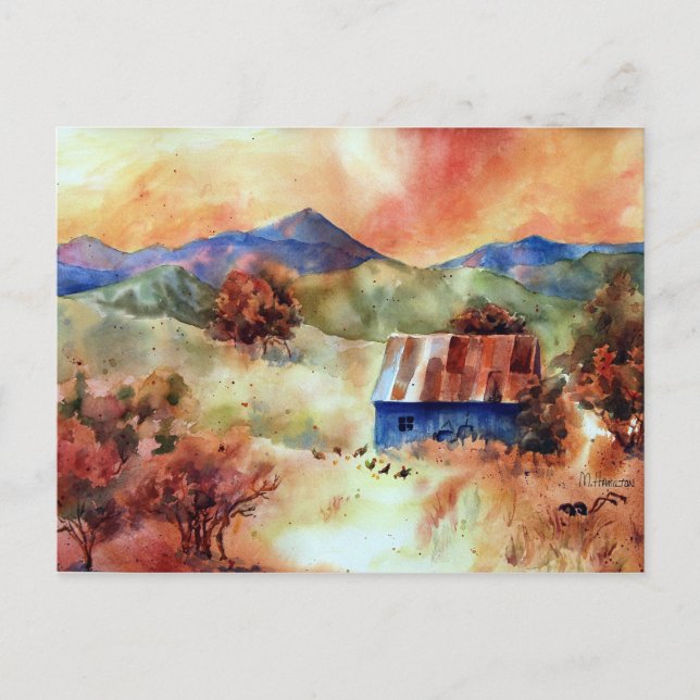 Serene Mountain Watercolor Farm Scene Postcard (Front)