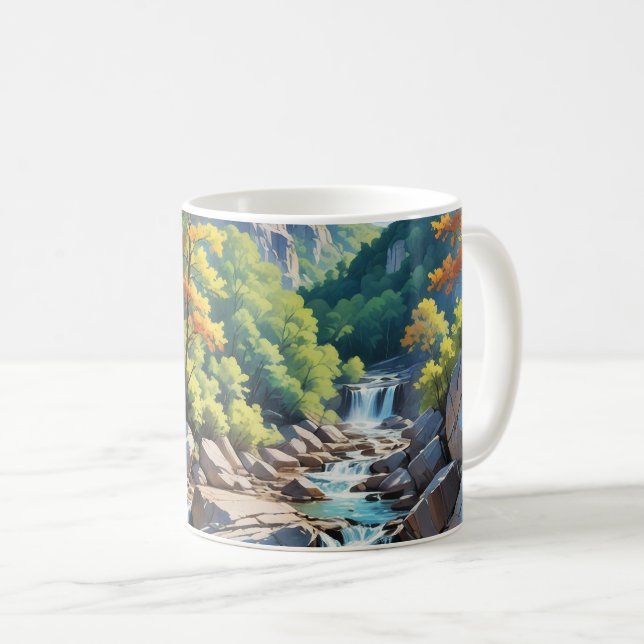 Serene Mountain Waterfall Landscape Coffee Mug (Front Right)