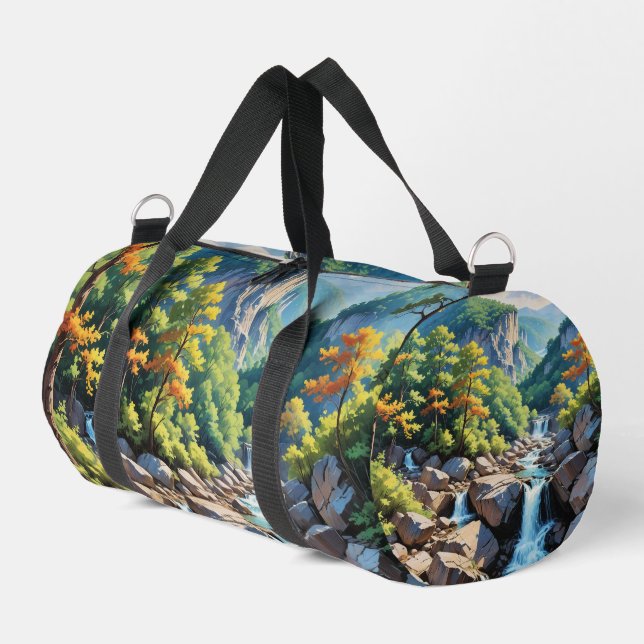 Serene Mountain Waterfall Landscape Duffle Bag (Left Corner)
