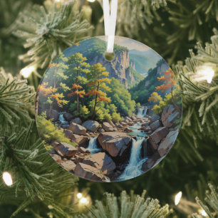 Serene Mountain Waterfall Landscape Glass Tree Decoration