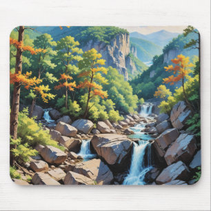 Serene Mountain Waterfall Landscape Mouse Mat