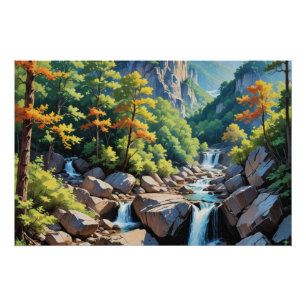 Serene Mountain Waterfall Landscape Poster