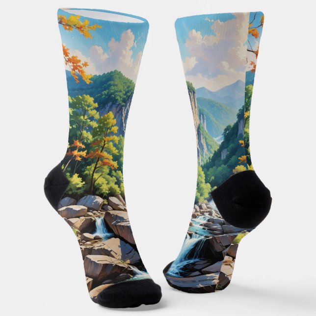 Serene Mountain Waterfall Landscape Socks (Angled)