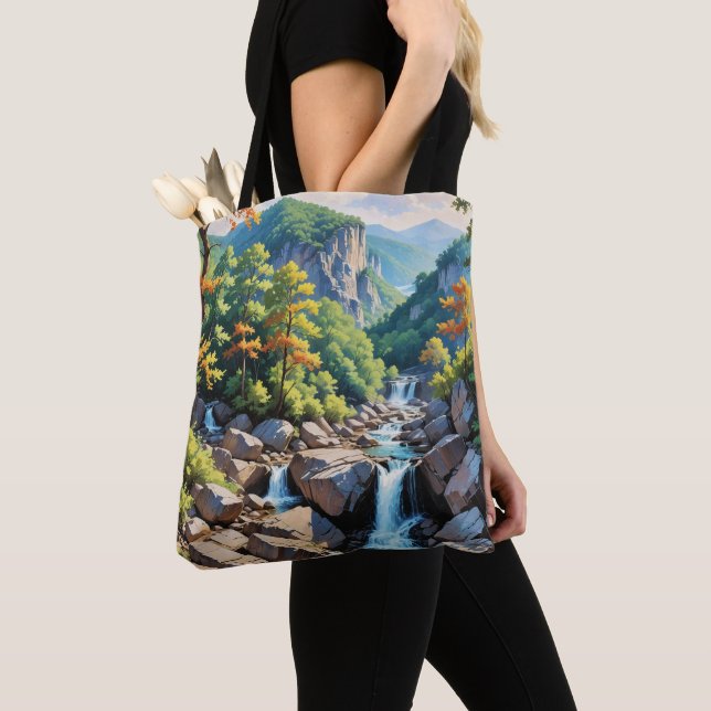 Serene Mountain Waterfall Landscape Tote Bag (Close Up)