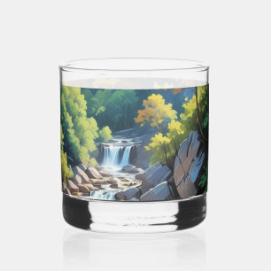 Serene Mountain Waterfall Landscape Whiskey Glass