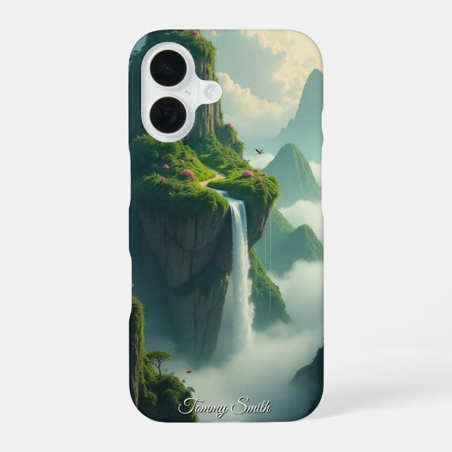 Serene Mountain Waterfall Scenery iPhone 16 Case (Back)