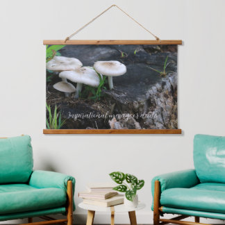 Serene mushrooms on maple stump in forest hanging tapestry