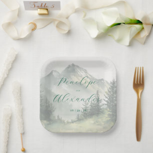 Serene Muted Green Mountain Landscape Paper Plate