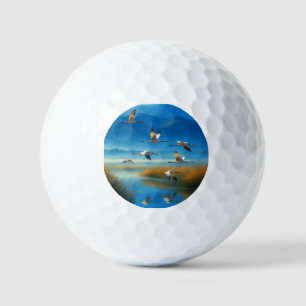 Serene Nature Lake Scene with Flying Crane Golf Balls