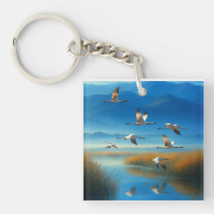 Serene Nature Lake Scene with Flying Crane Key Ring