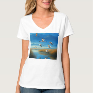 Serene Nature Lake Scene with Flying Crane T-shirt