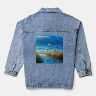 Serene Nature Lake Scene with Flying Crane T-shirt Denim Jacket